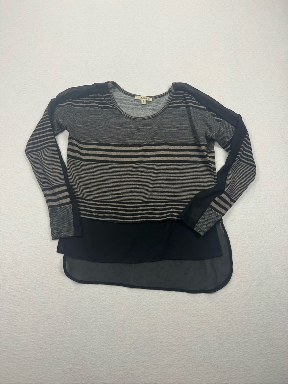Double Zero Striped Knit Layered Look Top Small Chiffon Hem High Low Gray Black